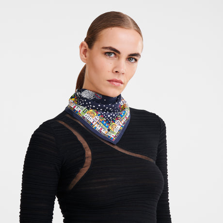 LONGCHAMP - Foulard soie Tour Eiffel Marine