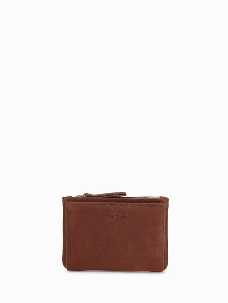 Elegant compact wallet by NAT & NIN in brown leather, perfect for carrying cards and coins.