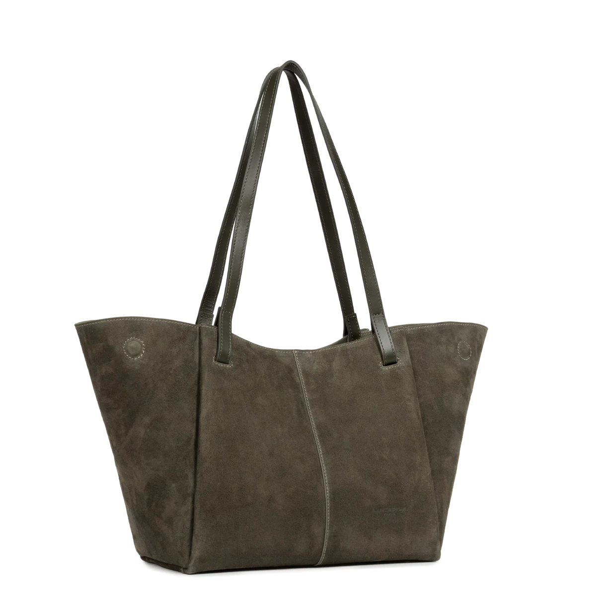 LANCASTER - Sac cabas porté épaule en cuir velours Khaki