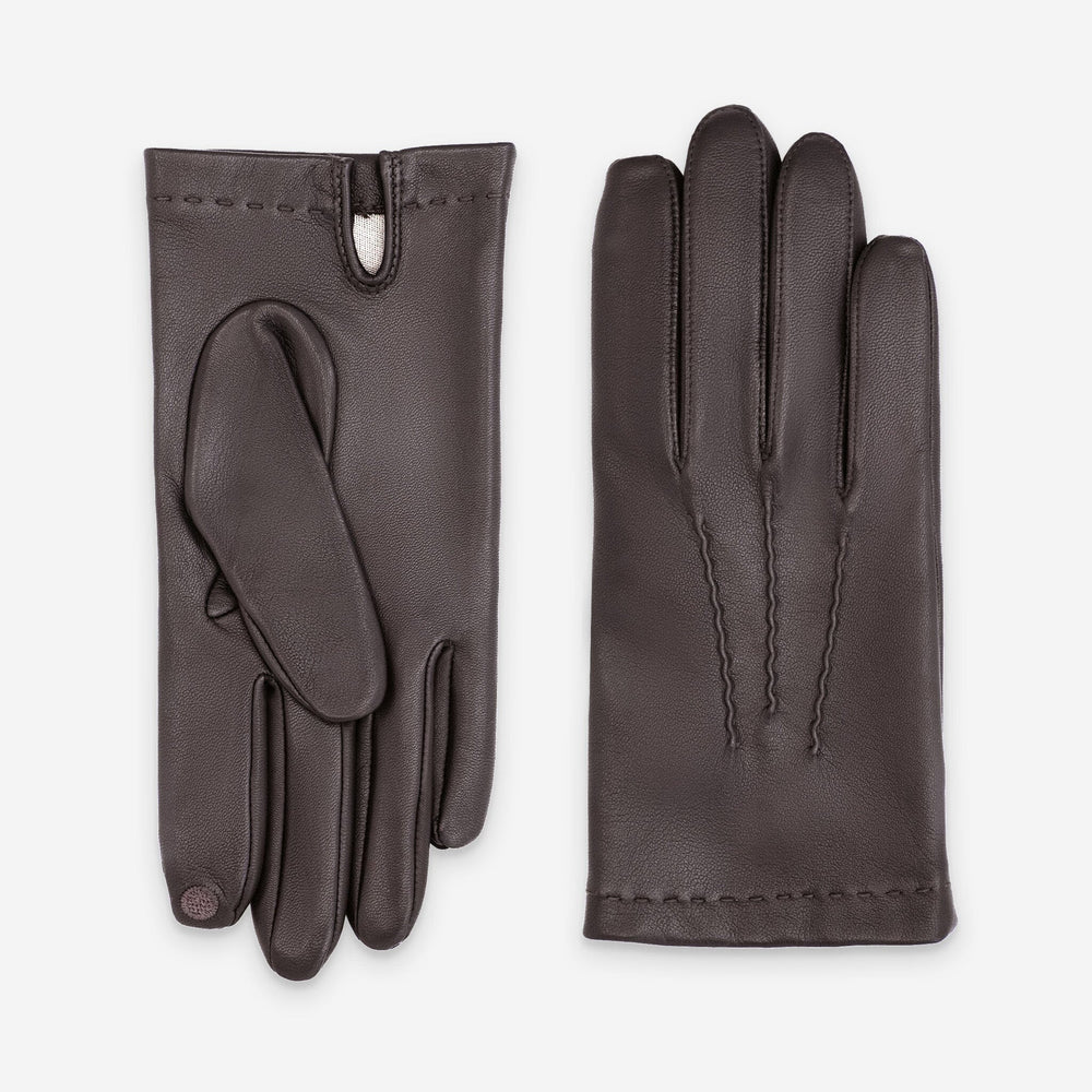 Glove Story - Gants cuir homme marron trois baguettes doublé soie