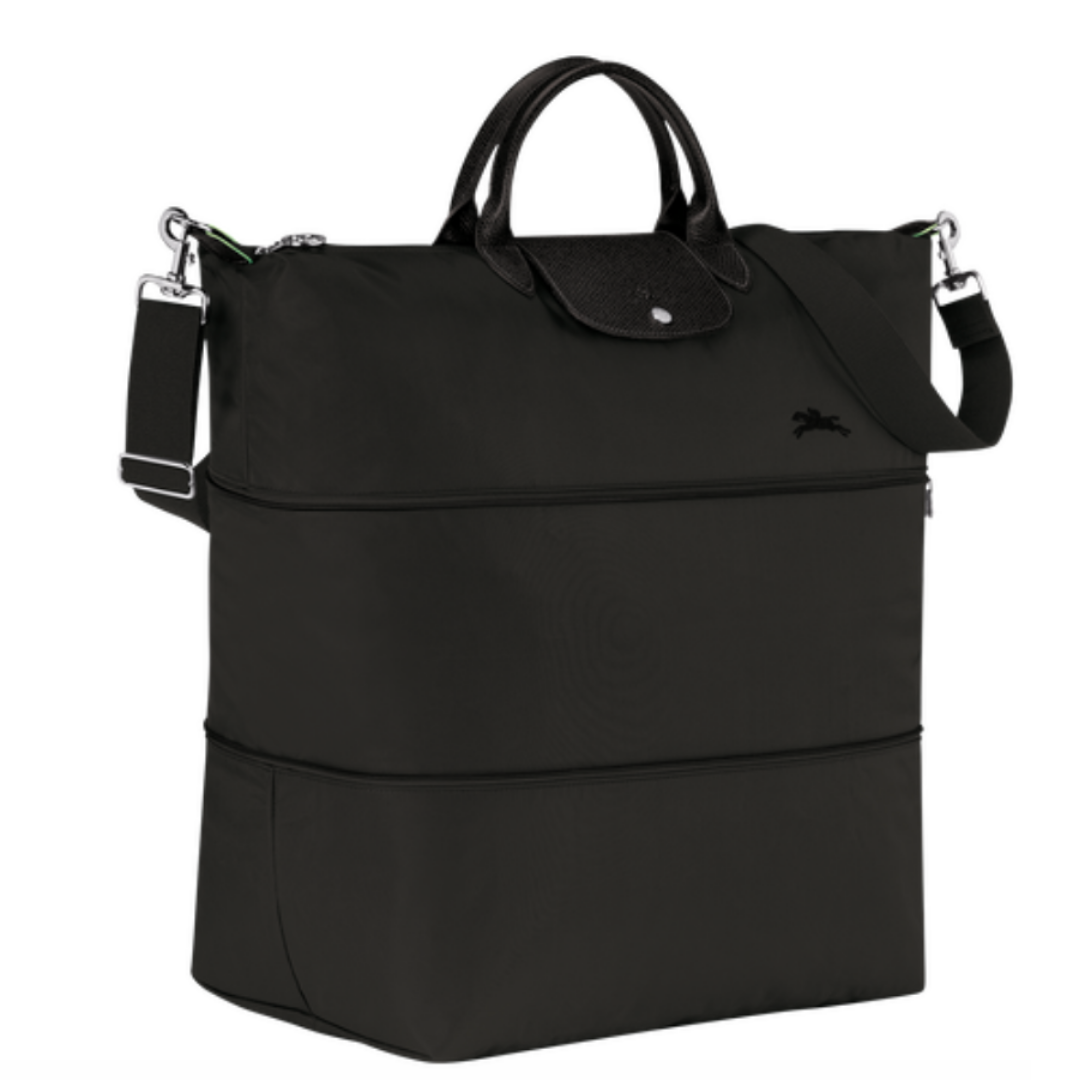 Sac de voyage extensible en toile et cuir LONGCHAMP gamme Le Pliage Green couleur noir