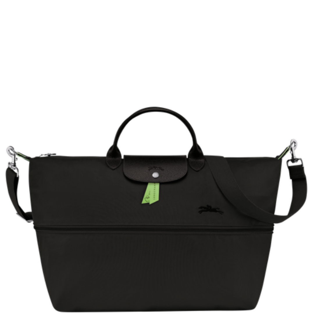 Sac de voyage extensible en toile et cuir LONGCHAMP gamme Le Pliage Green couleur noir
