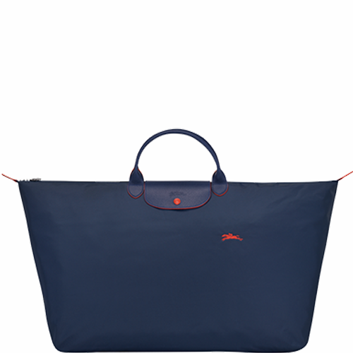 Grand sac de voyage en toile et cuir LONGCHAMP gamme Le Pliage Club couleur bleu marine