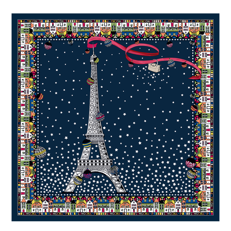 LONGCHAMP - Foulard soie Tour Eiffel Marine