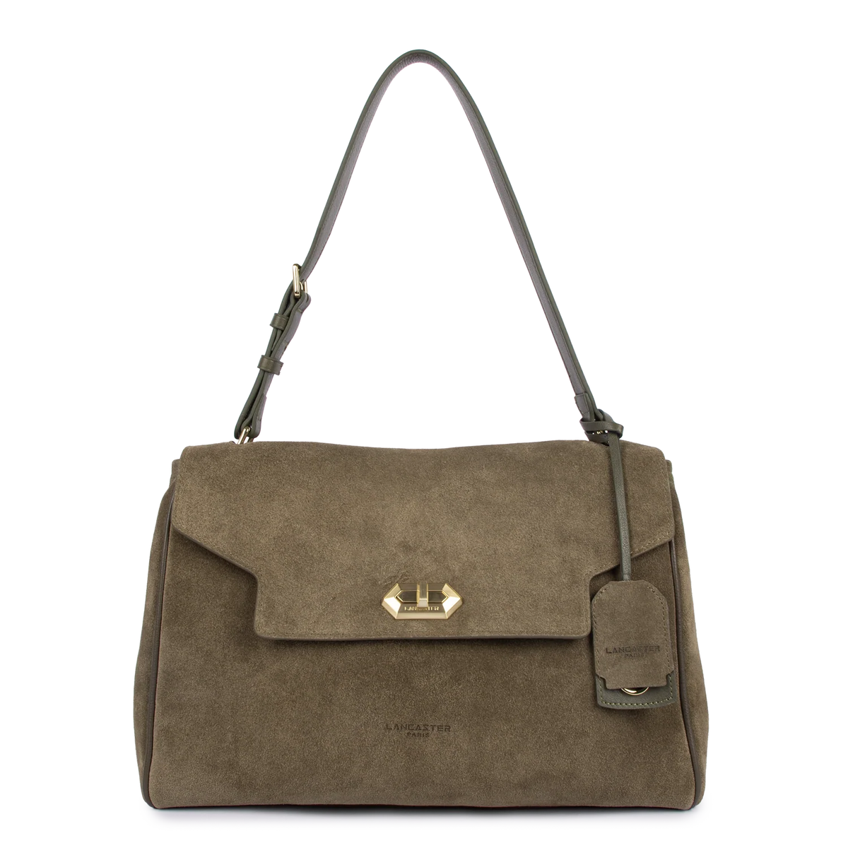 LANCASTER - Grand sac cabas porté épaule en cuir velours Suède Grace Khaki