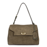 LANCASTER - Grand sac cabas porté épaule en cuir velours Suède Grace Khaki