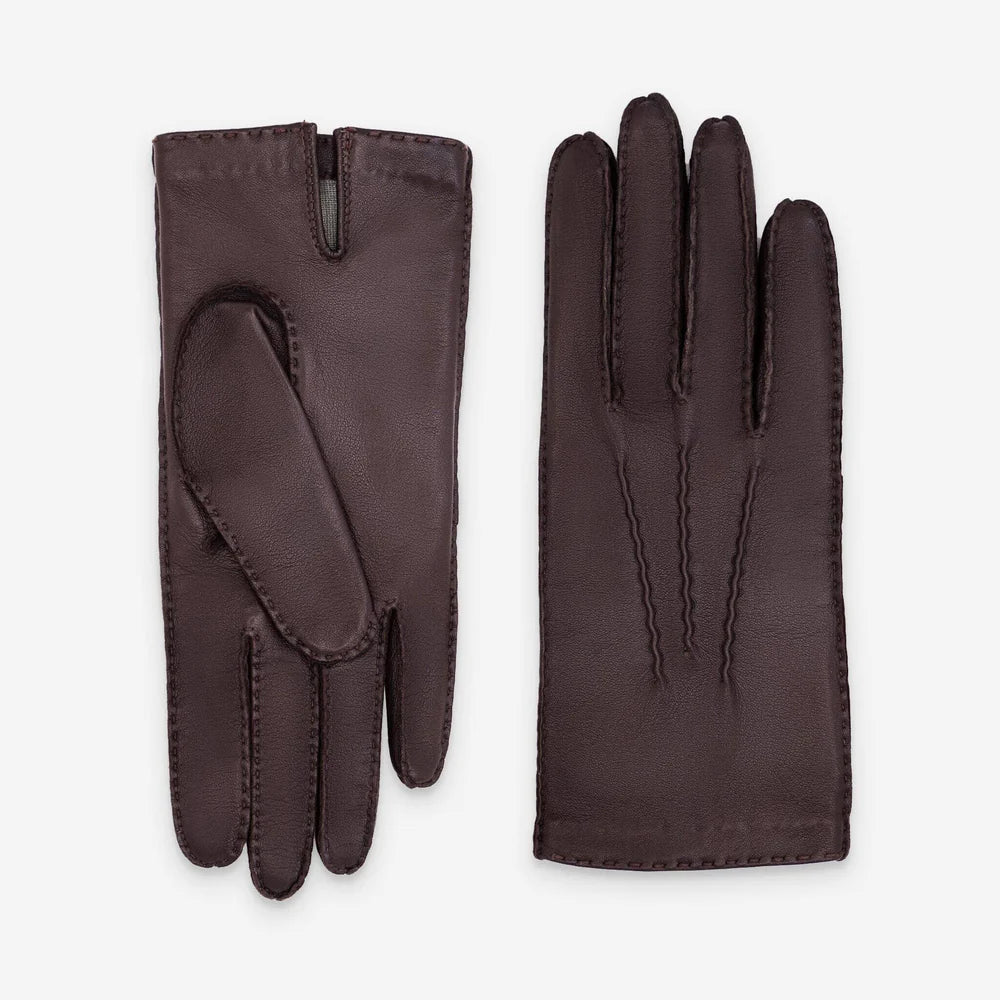Glove Story - Gants femme cuir moka avec 3 baguettes doublé soie