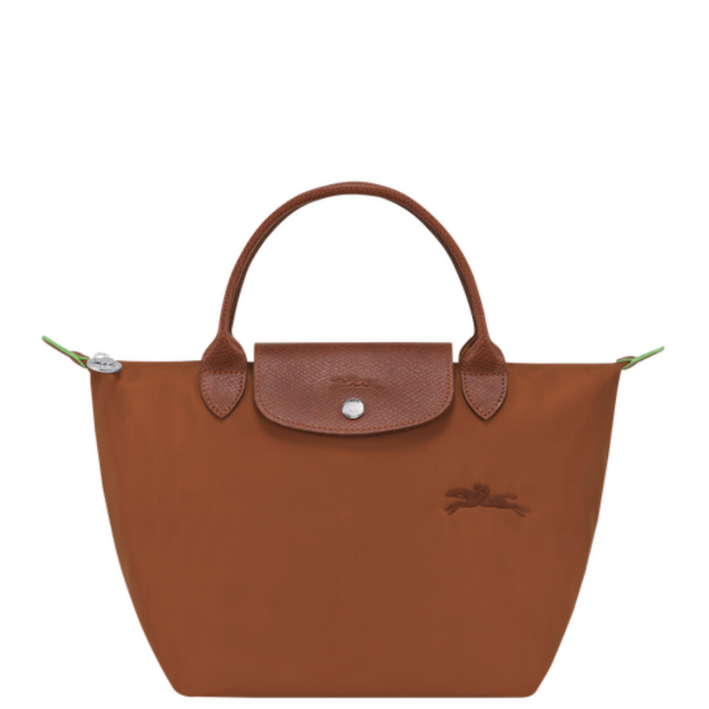 Sac porté main en toile et cuir LONGCHAMP gamme Le Pliage Green couleur marron cognac