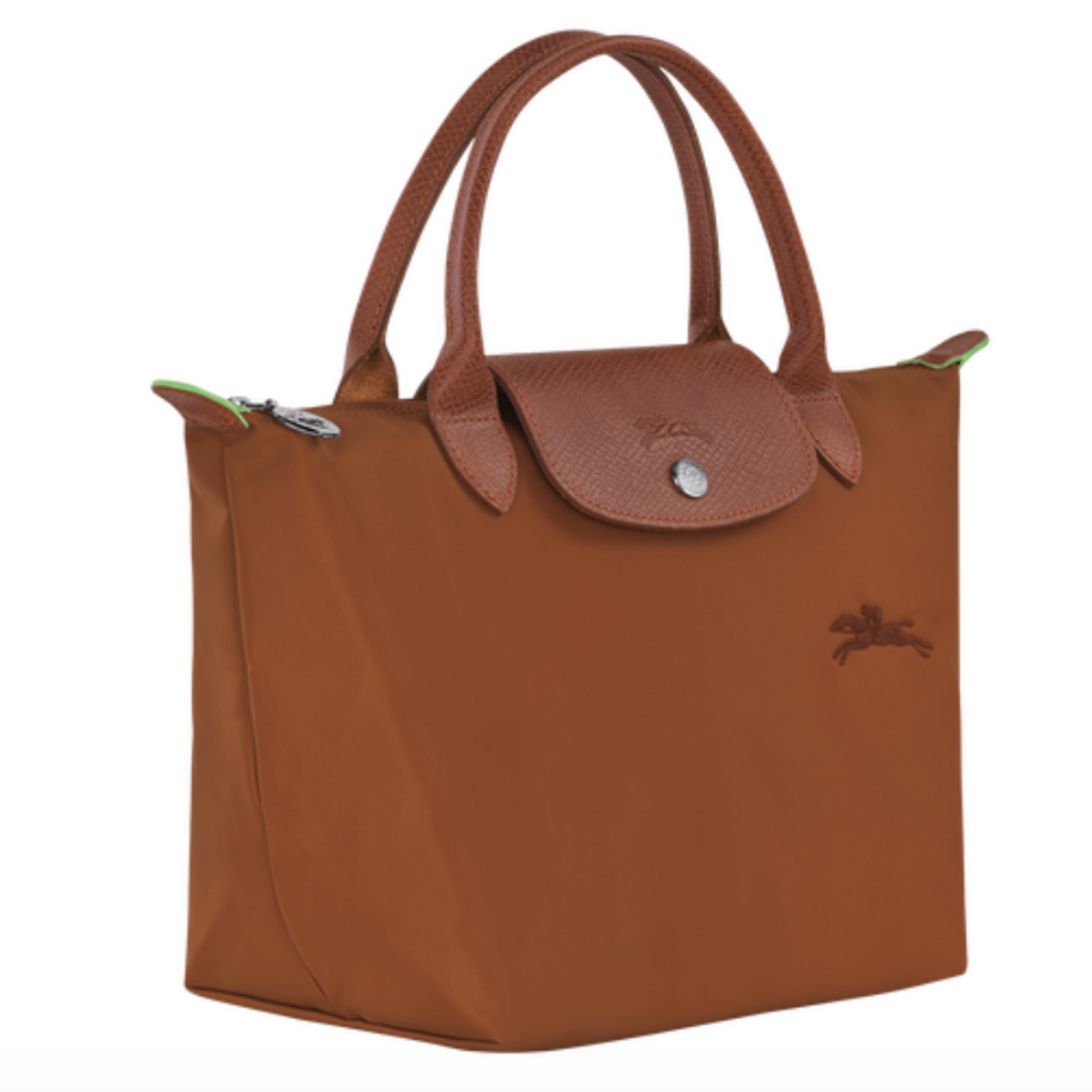 Sac porté main en toile et cuir LONGCHAMP gamme Le Pliage Green couleur marron cognac