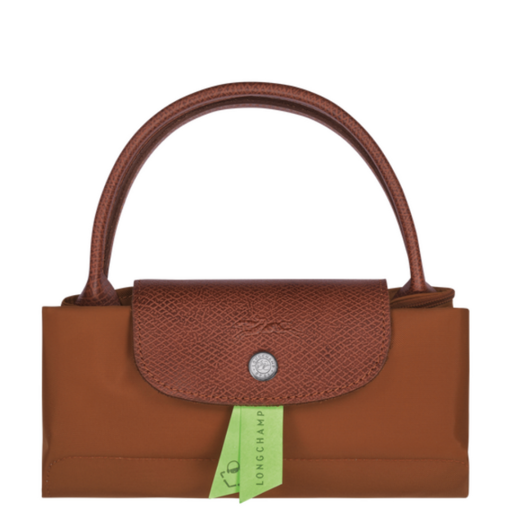 Sac porté main en toile et cuir LONGCHAMP gamme Le Pliage Green couleur marron cognac