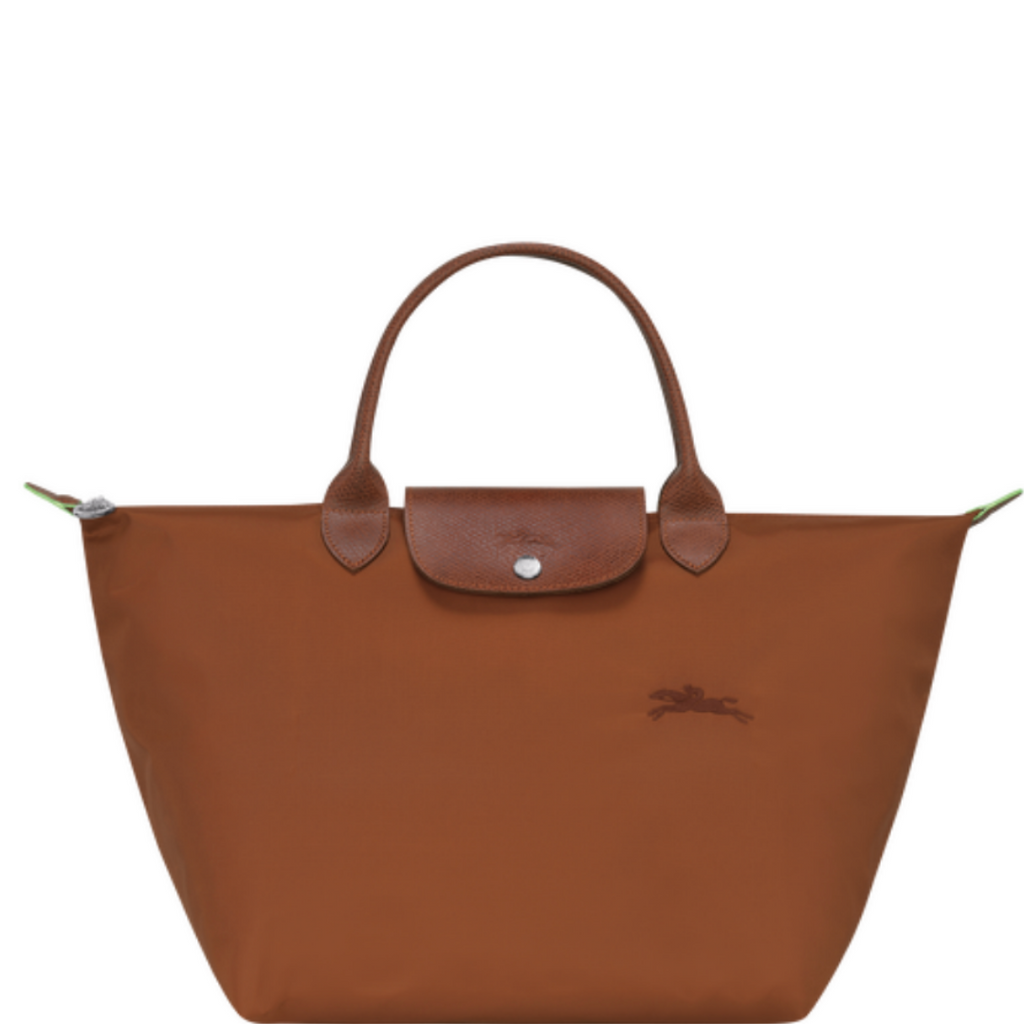 Sac porté main en toile et cuir LONGCHAMP gamme Le Pliage Green couleur marron cognac