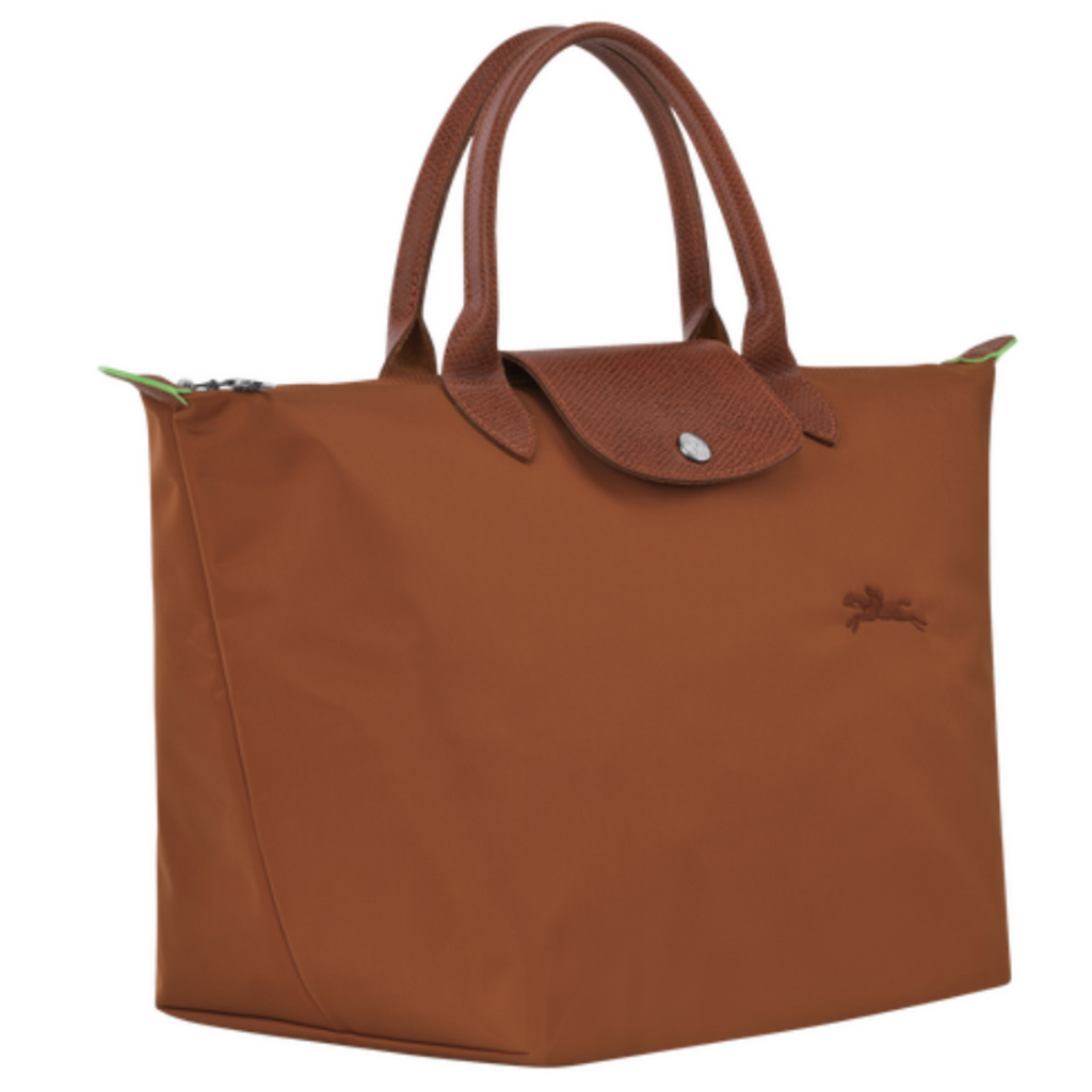 Sac porté main en toile et cuir LONGCHAMP gamme Le Pliage Green couleur marron cognac