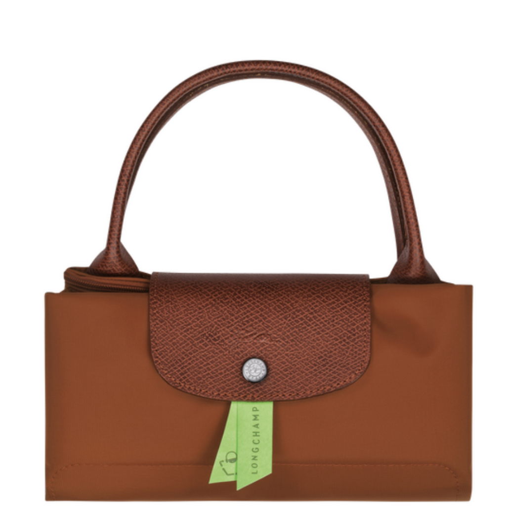 Sac porté main en toile et cuir LONGCHAMP gamme Le Pliage Green couleur marron cognac