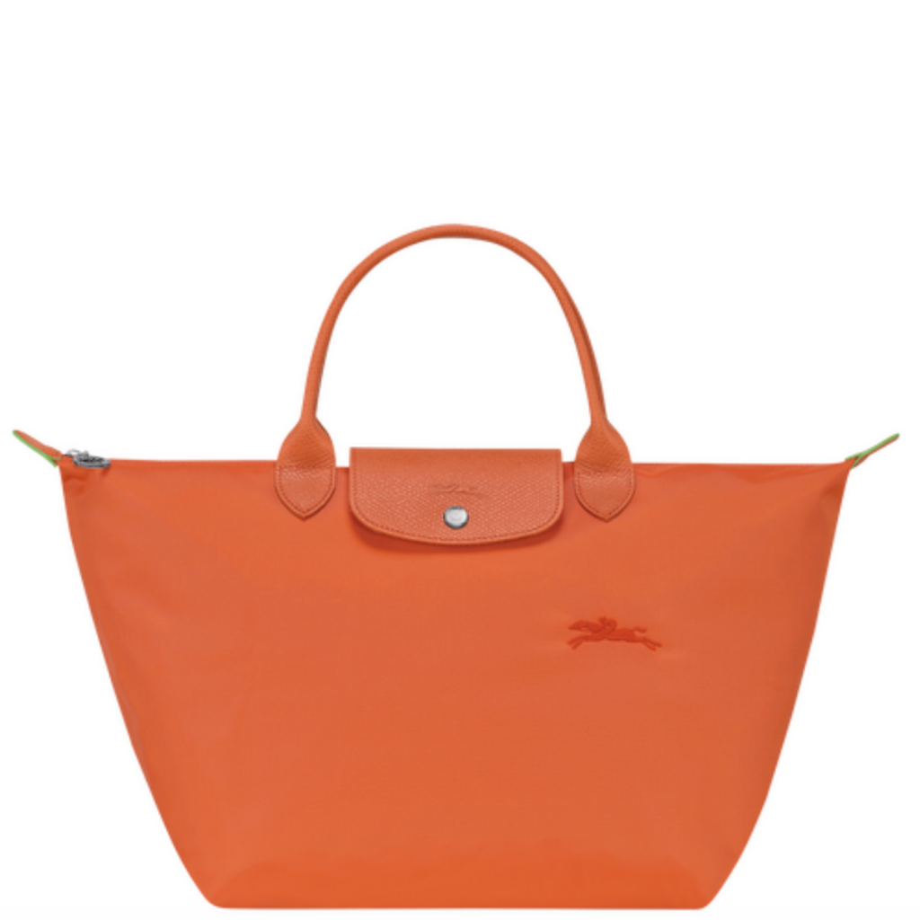 Sac porté main en toile et cuir LONGCHAMP gamme Le Pliage Green couleur orange carotte