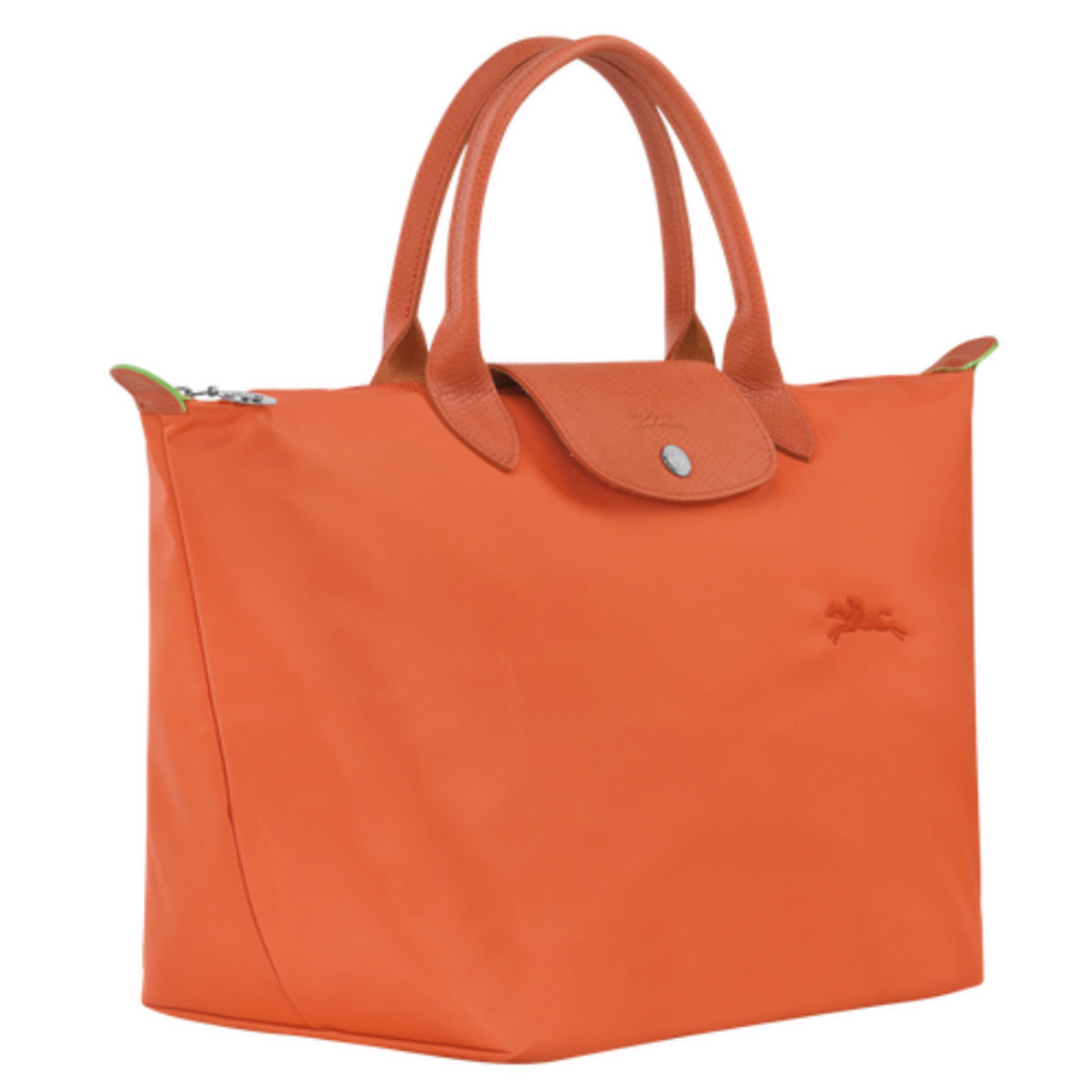 Sac porté main en toile et cuir LONGCHAMP gamme Le Pliage Green couleur orange carotte