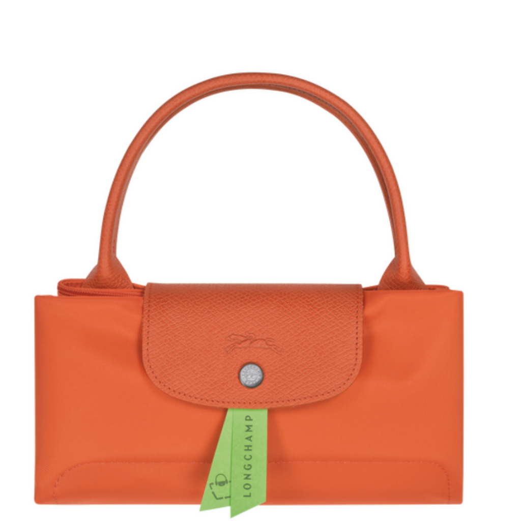 Sac porté main en toile et cuir LONGCHAMP gamme Le Pliage Green couleur orange carotte