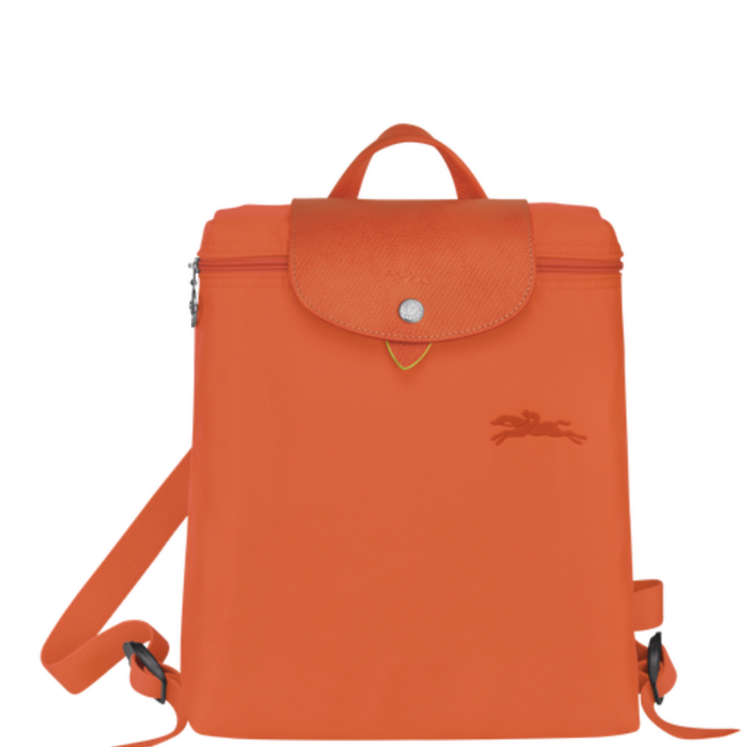 Sac à dos en toile et cuir LONGCHAMP gamme Le Pliage Green couleur orange carotte