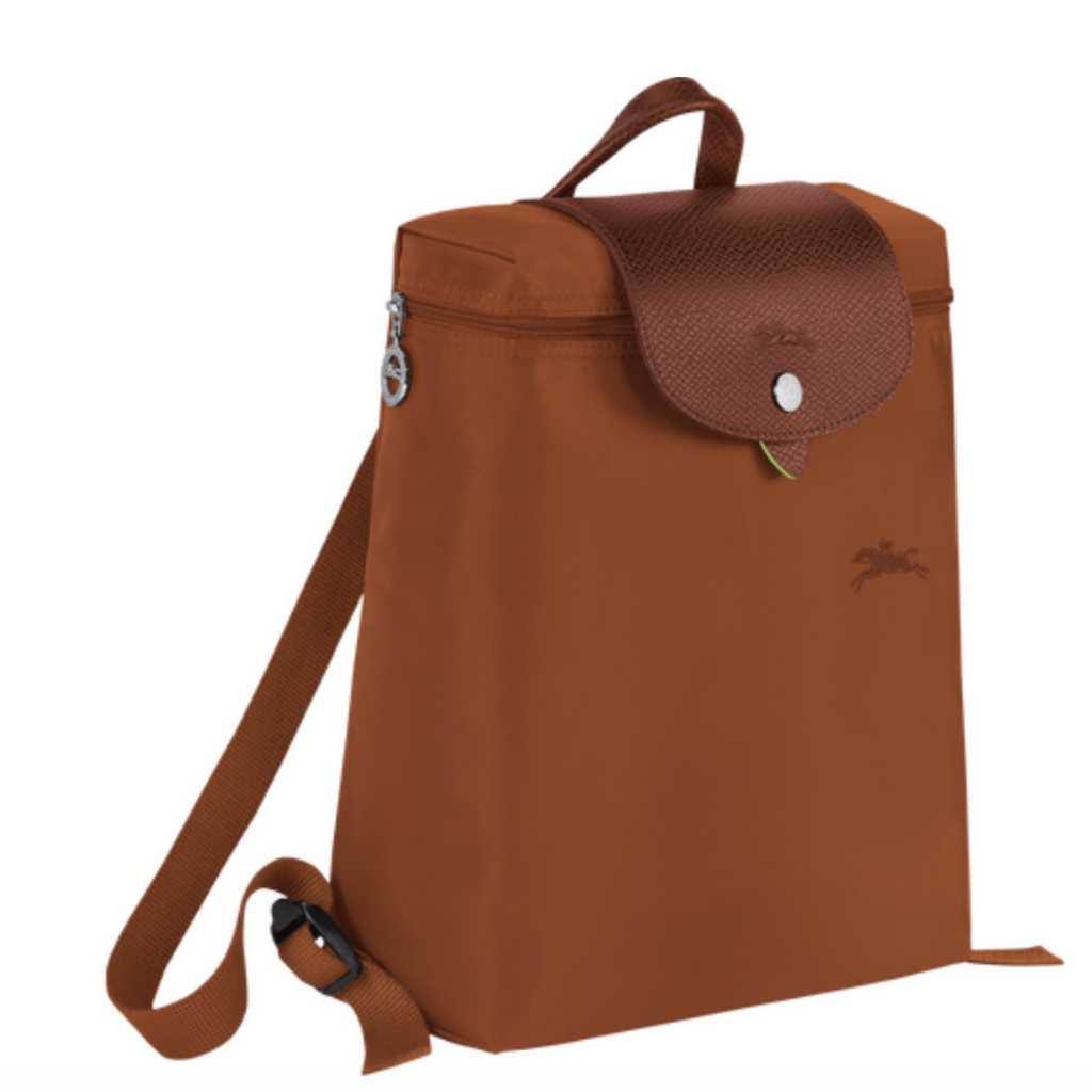 Sac à dos en toile et cuir LONGCHAMP gamme Le Pliage Green couleur marron cognac