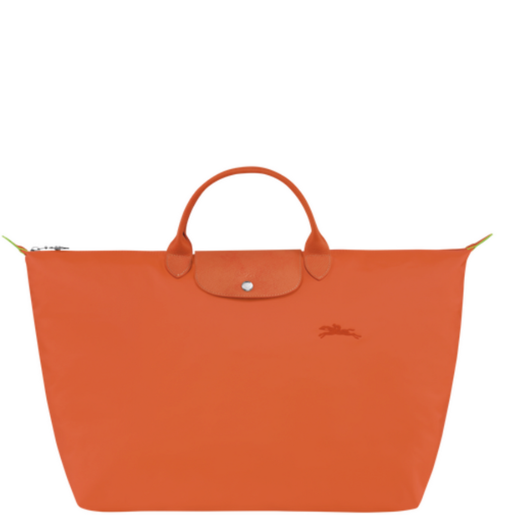 Sac de voyage en toile et cuir LONGCHAMP gamme Le Pliage Green couleur orange carotte