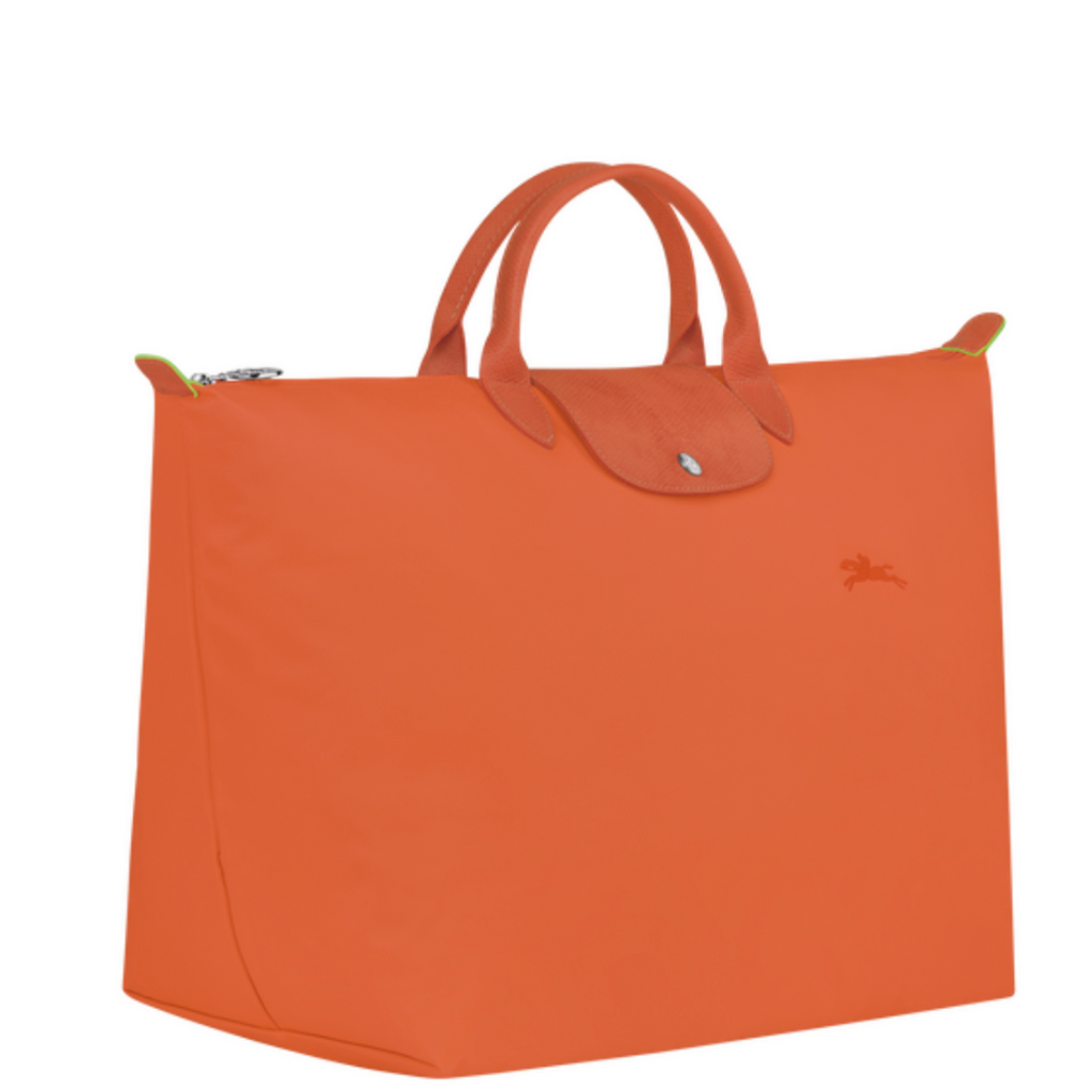 Sac de voyage en toile et cuir LONGCHAMP gamme Le Pliage Green couleur orange carotte