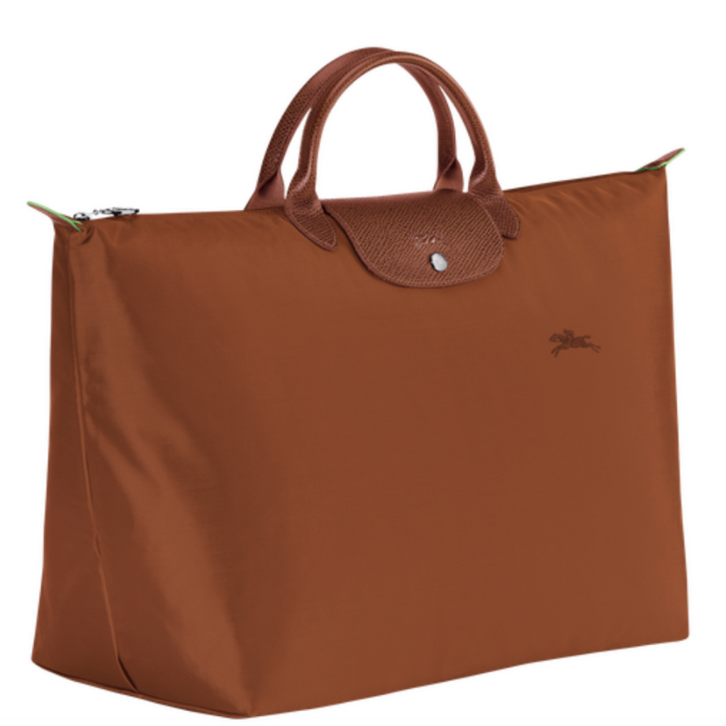 Sac de voyage en toile et cuir LONGCHAMP gamme Le Pliage Green couleur marron cognac