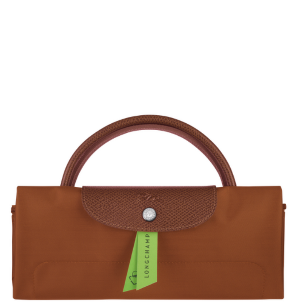 Sac de voyage en toile et cuir LONGCHAMP gamme Le Pliage Green couleur marron cognac