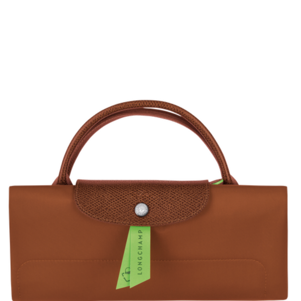 Grand sac de voyage en toile et cuir LONGCHAMP gamme Le Pliage Green couleur marron cognac