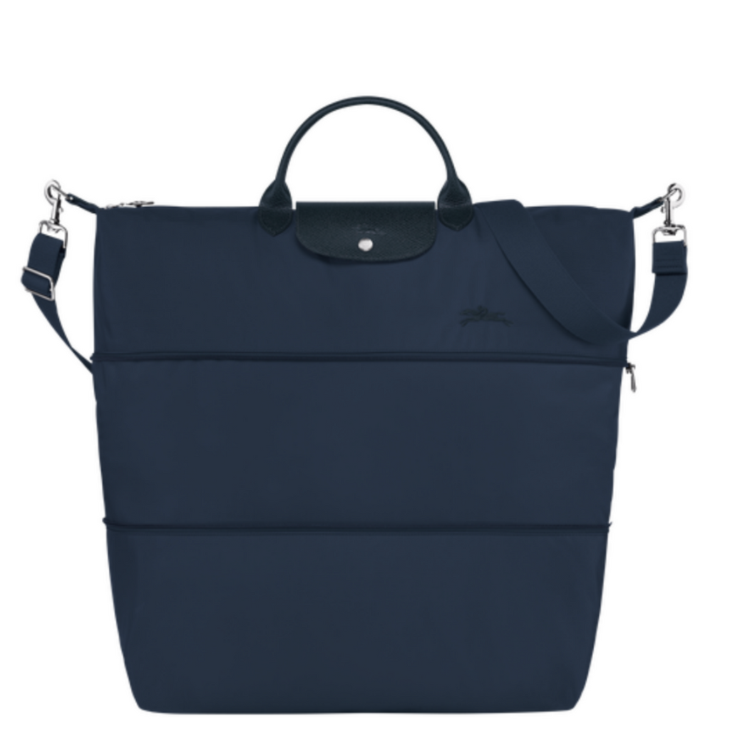 Sac de voyage extensible en toile et cuir LONGCHAMP gamme Le Pliage Green couleur bleu marine