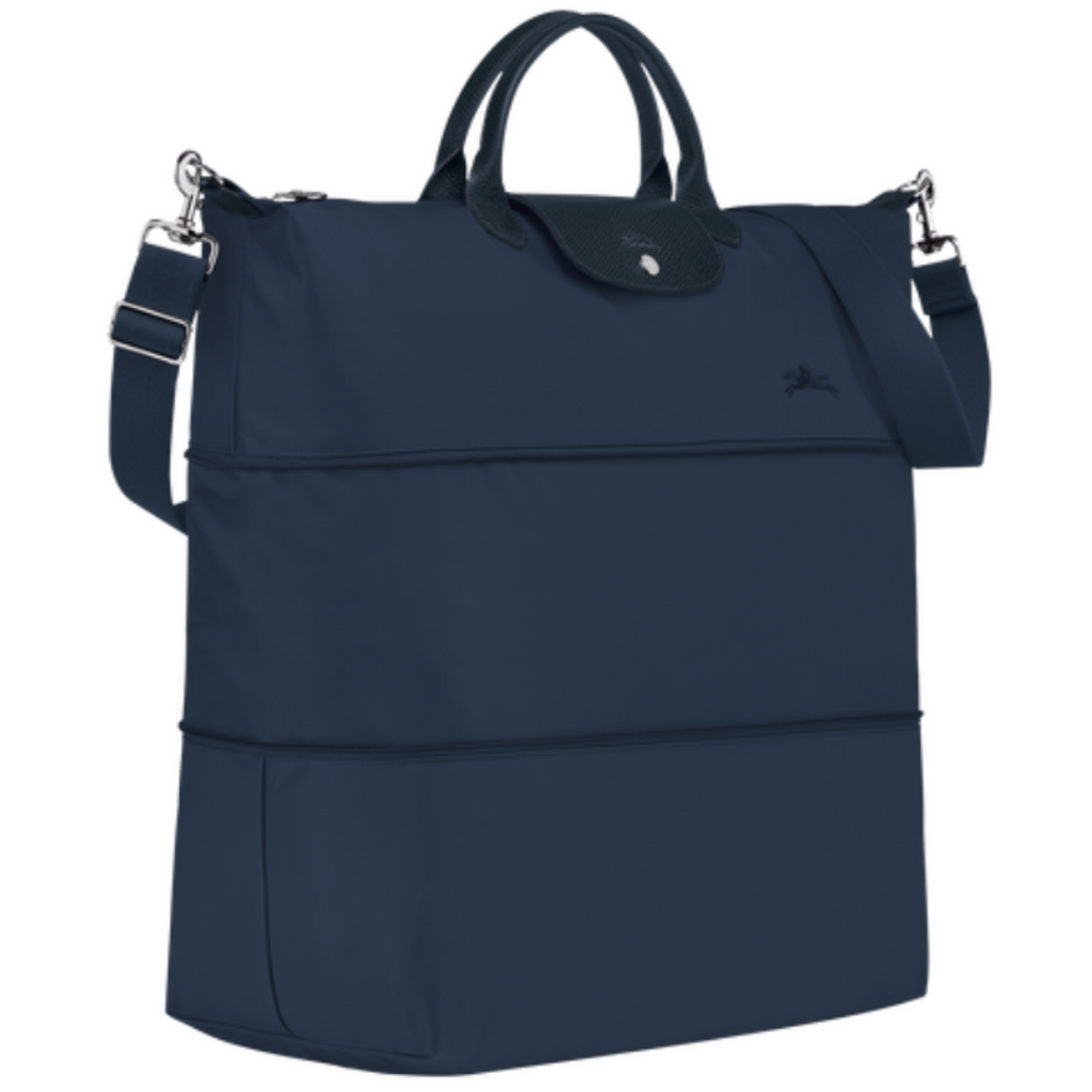 Sac de voyage extensible en toile et cuir LONGCHAMP gamme Le Pliage Green couleur bleu marine