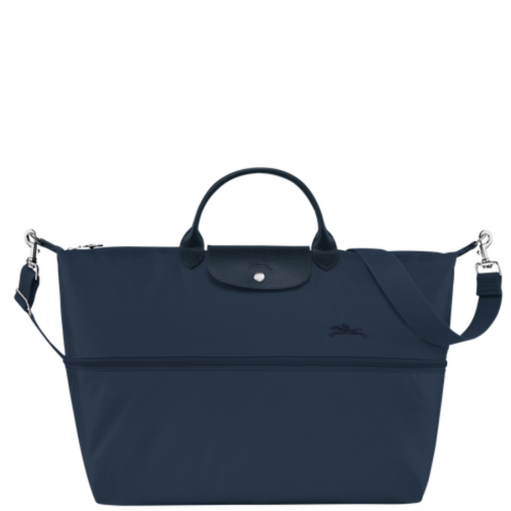 Sac de voyage extensible en toile et cuir LONGCHAMP gamme Le Pliage Green couleur bleu marine