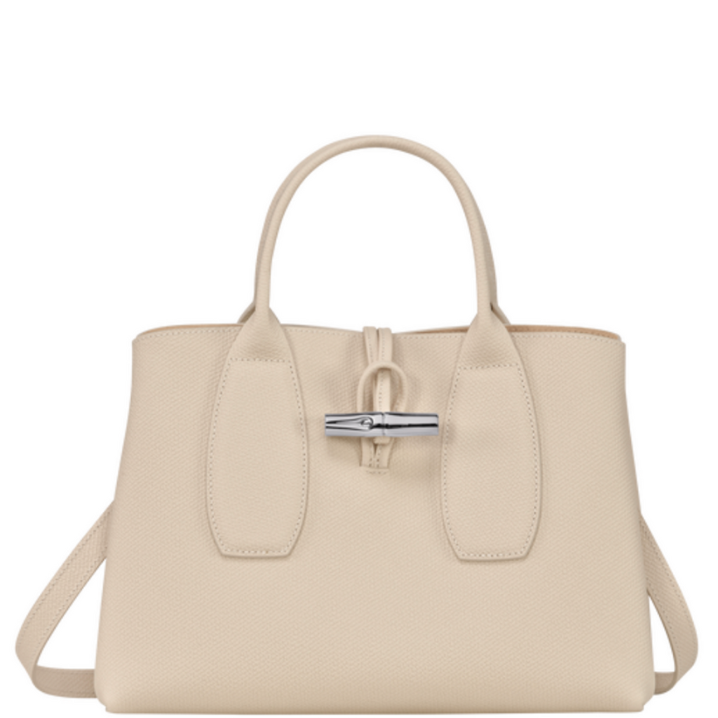 Sac à main en cuir LONGCHAMP gamme Roseau couleur écru beige papier