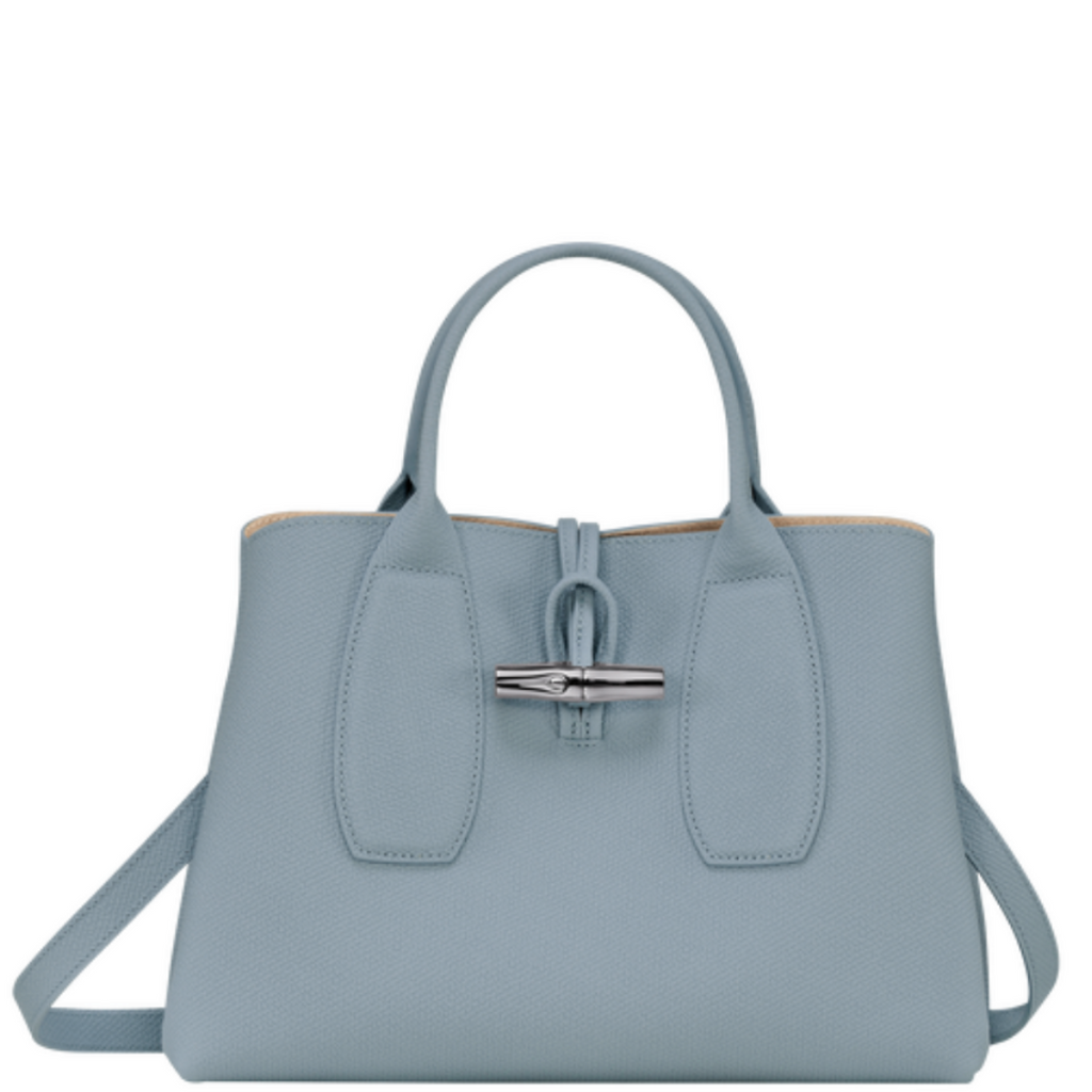 Sac à main en cuir LONGCHAMP gamme Roseau couleur bleu clair nuage