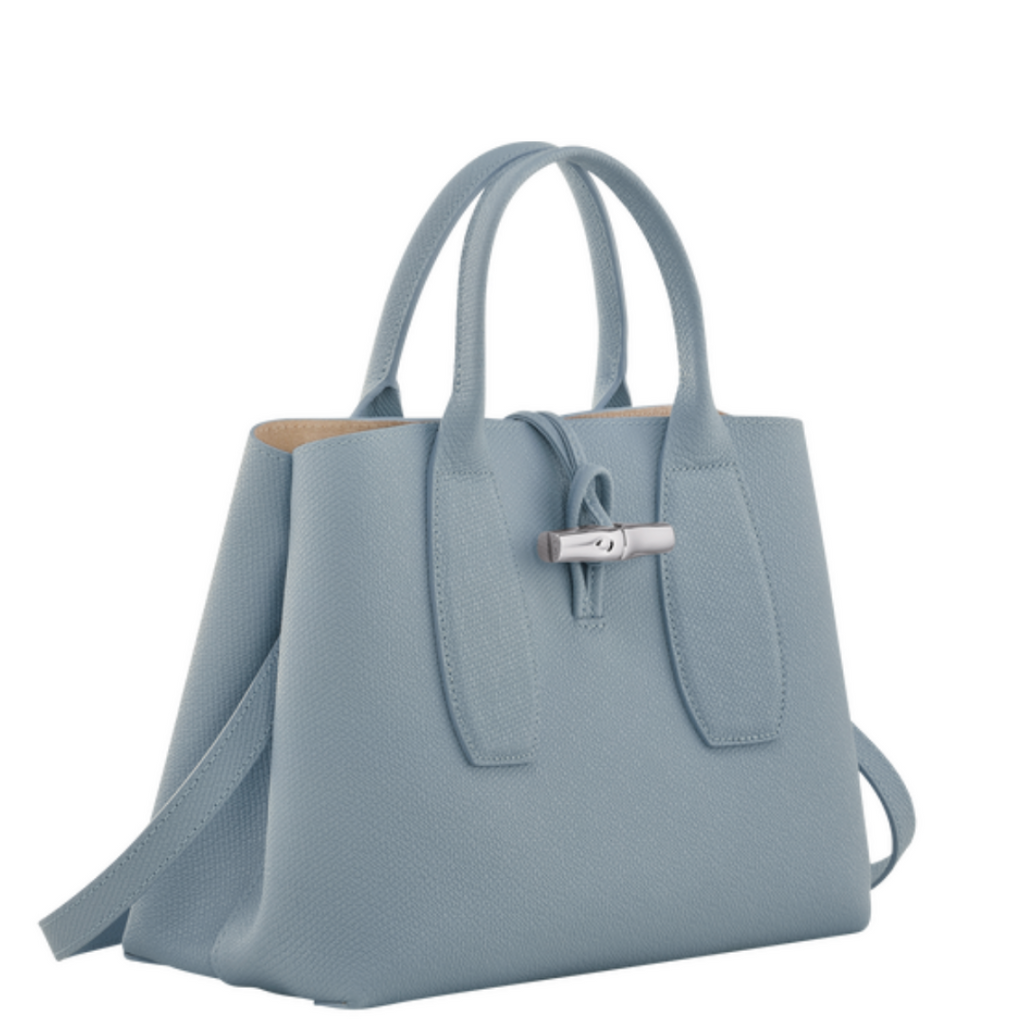 Sac à main en cuir LONGCHAMP gamme Roseau couleur bleu clair nuage