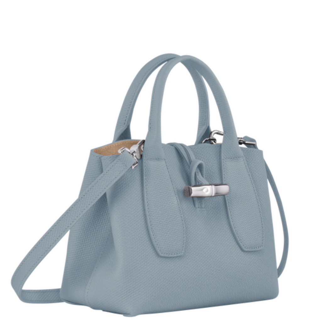 Petit sac à main en cuir LONGCHAMP gamme Roseau couleur bleu clair nuage