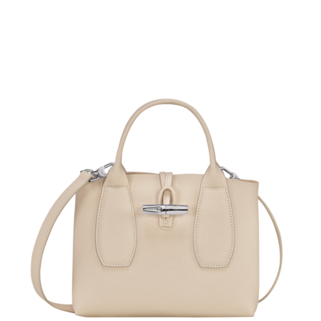 Petit sac à main en cuir LONGCHAMP gamme Roseau couleur écru beige papier