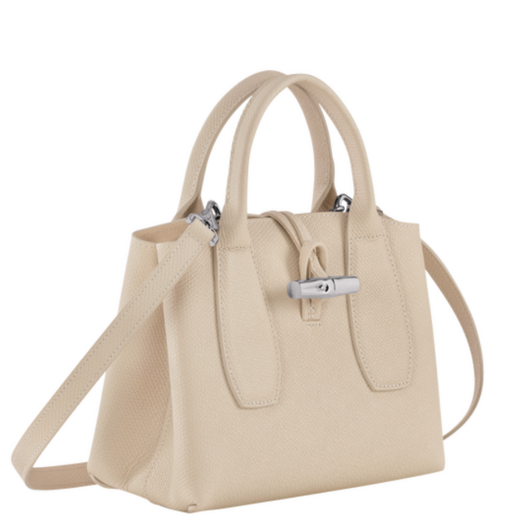 Petit sac à main en cuir LONGCHAMP gamme Roseau couleur écru beige papier