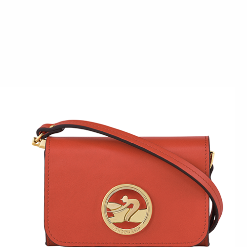 Porte-monnaie avec bandoulière en cuir lisse LONGCHAMP gamme Box Trot couleur orange