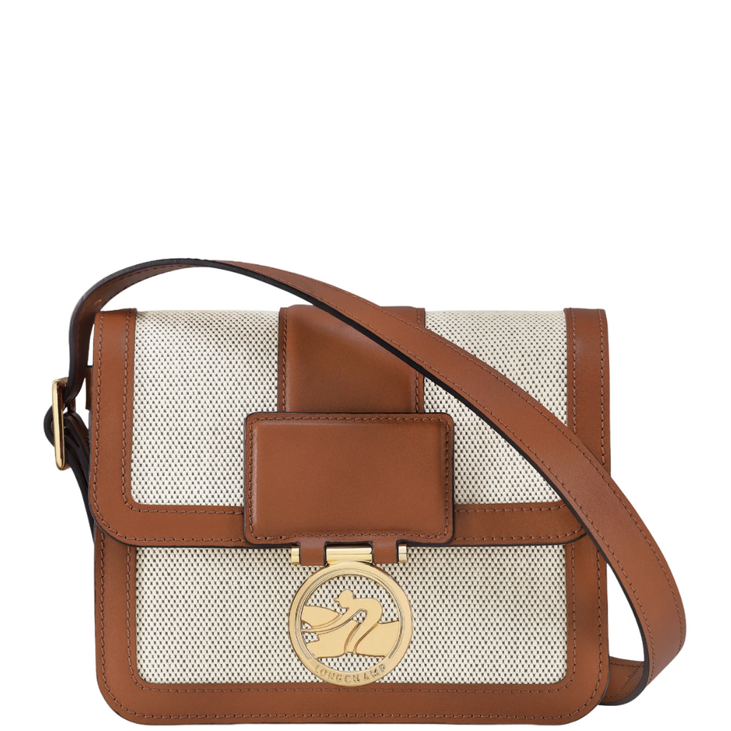 Sac en cuir et toile porté travers en cuir LONGCHAMP gamme Box-Trot couleur marron cognac et écru