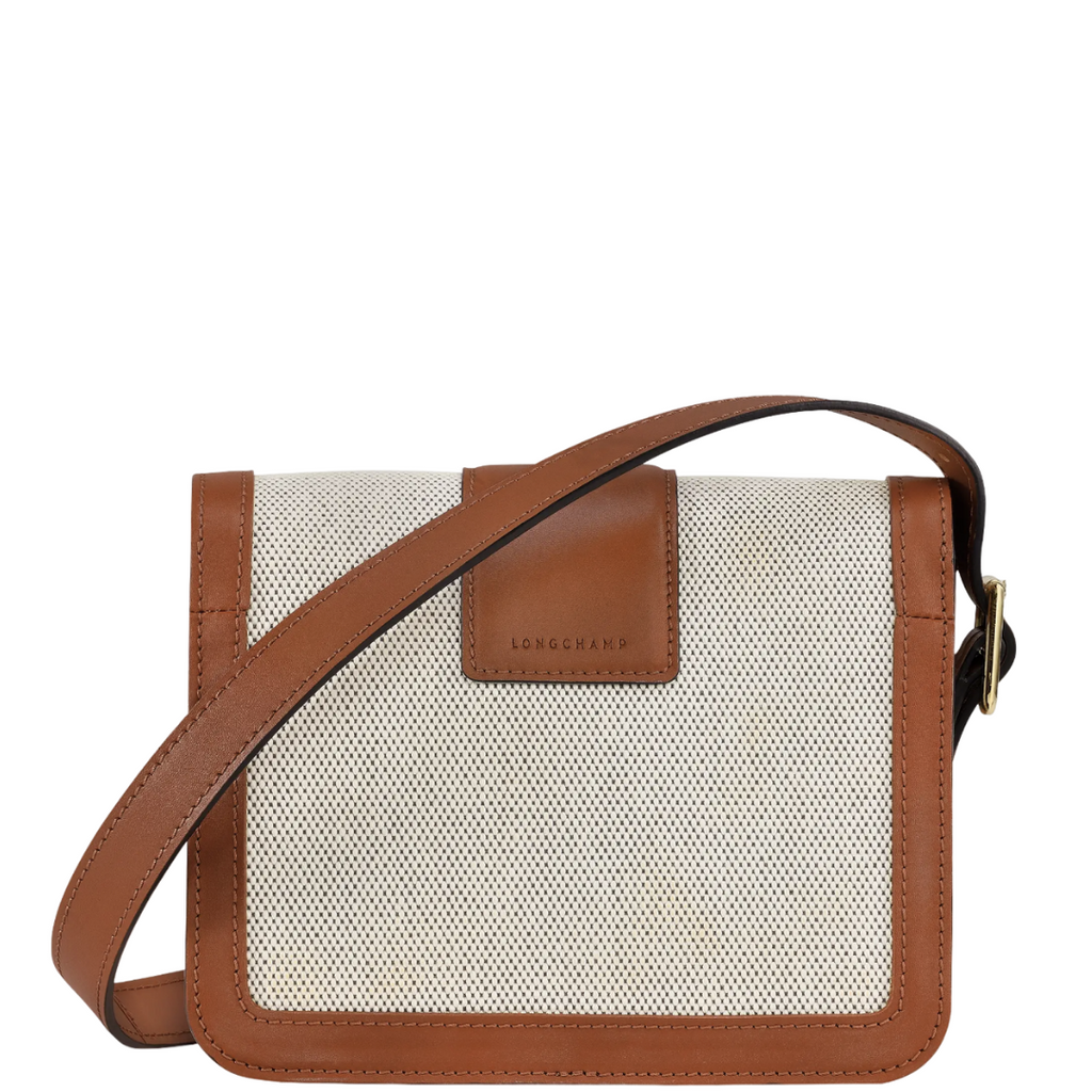 Sac en cuir et toile porté travers en cuir LONGCHAMP gamme Box-Trot couleur marron cognac et écru