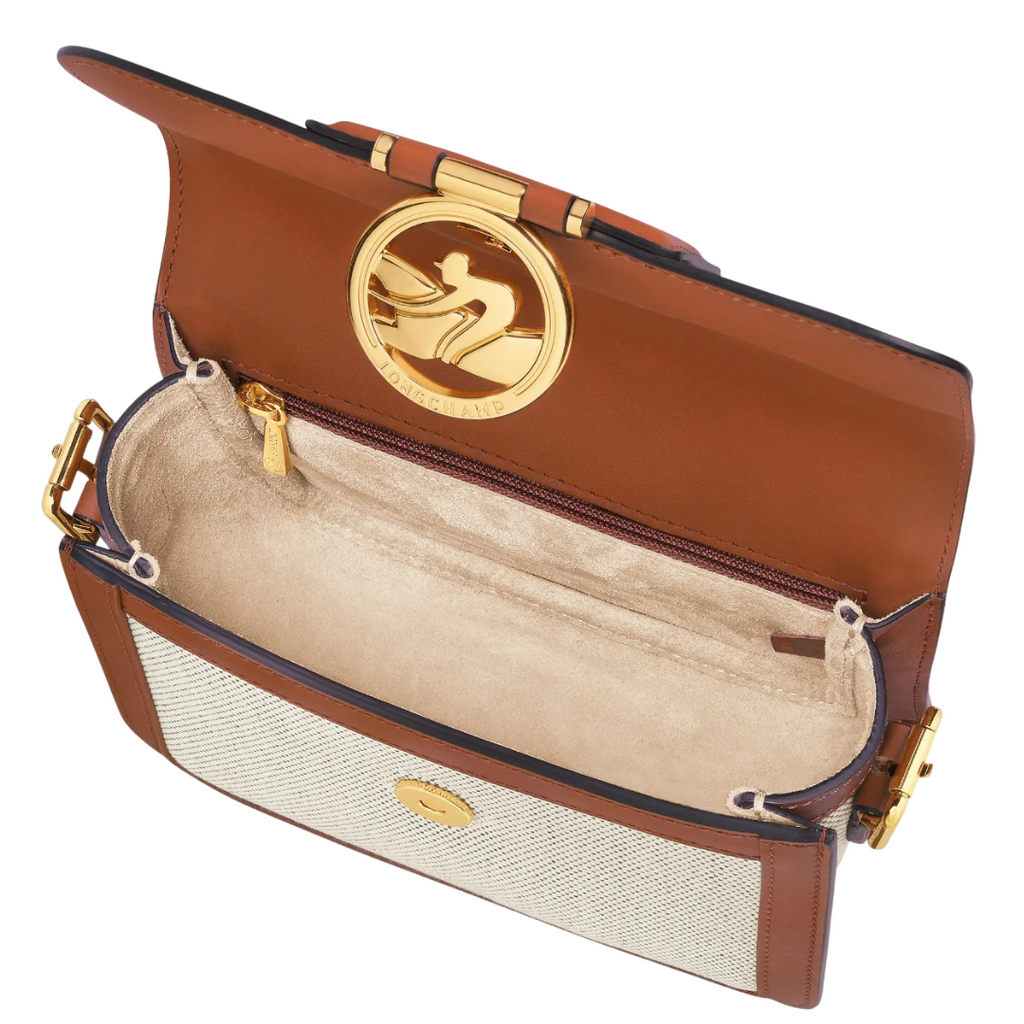 Sac en cuir et toile porté travers en cuir LONGCHAMP gamme Box-Trot couleur marron cognac et écru
