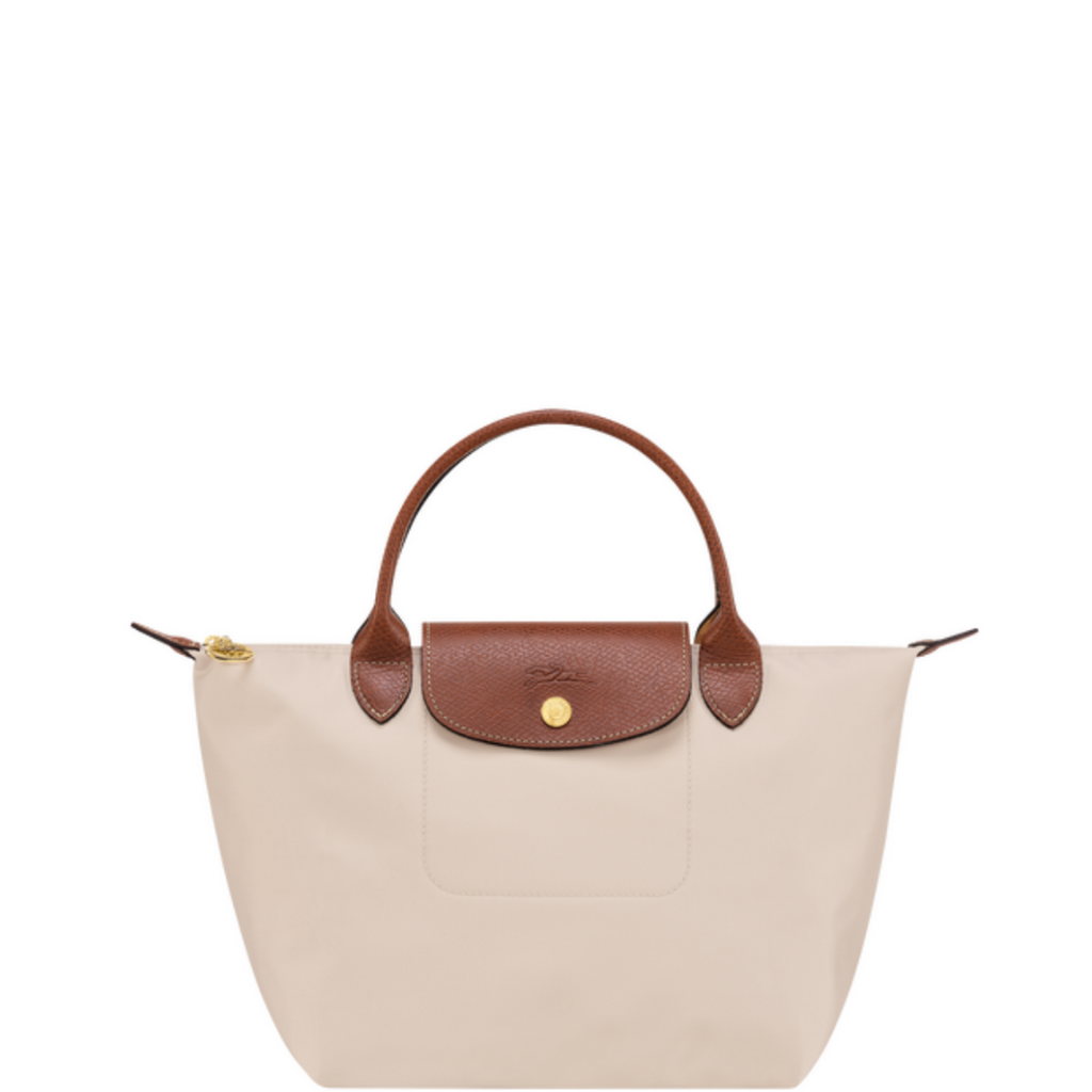 Petit sac à main en toile et cuir LONGCHAMP gamme Le Pliage Original couleur écru