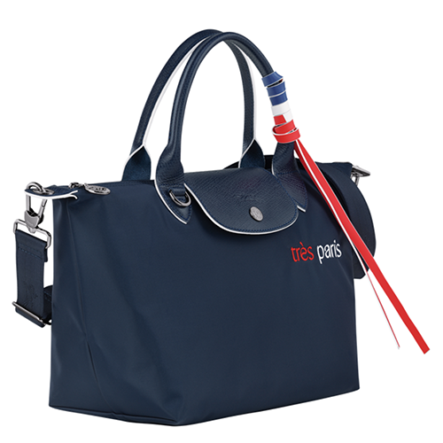 Sac à main en toile LONGCHAMP gamme Le Pliage Très Paris couleur bleu marine