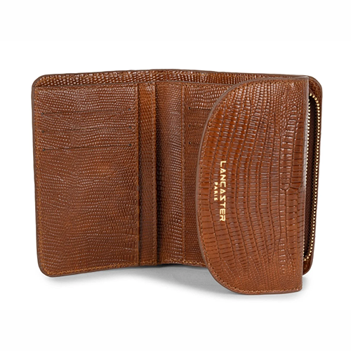 Portefeuille dos à dos Lancaster en cuir effet lézard ligne Exotic Croco couleur cognac