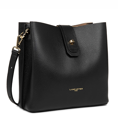 Sac seau porté épaule Lancaster en cuir grainé couleur noir gamme Foulonné Double