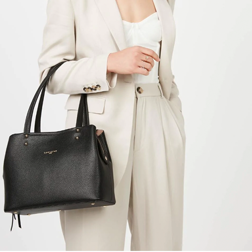 Sac à main Lancaster en cuir grainé couleur noir gamme Foulonné Double
