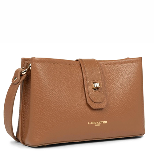 Petit sac porté travers Lancaster en cuir grainé couleur camel gamme Foulonné Double