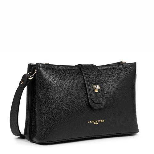 Petit sac porté travers Lancaster en cuir grainé couleur noir gamme Foulonné Double