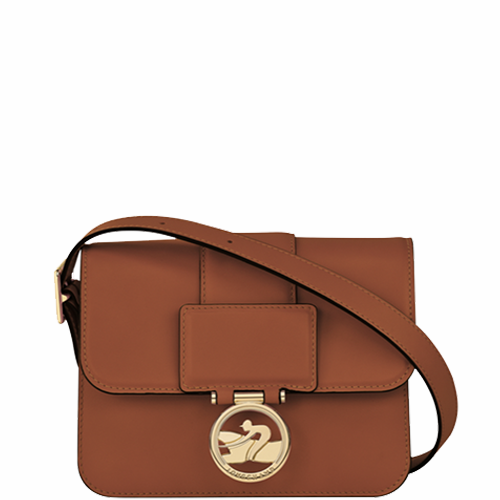 Sac en cuir lisse porté travers en cuir LONGCHAMP gamme Box-Trot couleur marron cognac