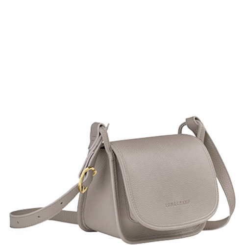 Sac à rabat porté travers en cuir LONGCHAMP gamme Le Foulonné couleur gris tourterelle