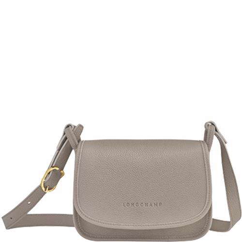 Sac à rabat porté travers en cuir LONGCHAMP gamme Le Foulonné couleur gris tourterelle